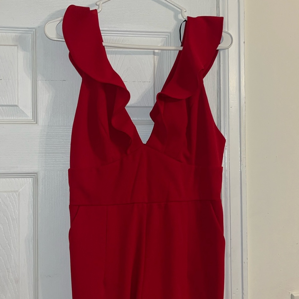 Lulus Red Deep V Neck Ruffle Jumpsuit Size L